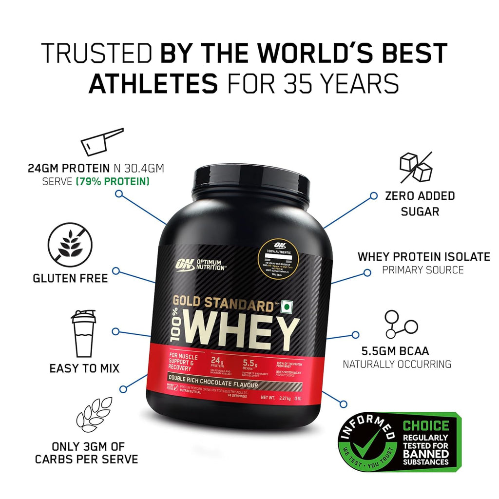 Optimum Nutrition (ON) Gold Standard 100% Whey Protein Powder 5 lbs, 2.27 kgs (Double Rich Chocolate), for Muscle Support & Recovery, Vegetarian - Primary Source Whey Isolate