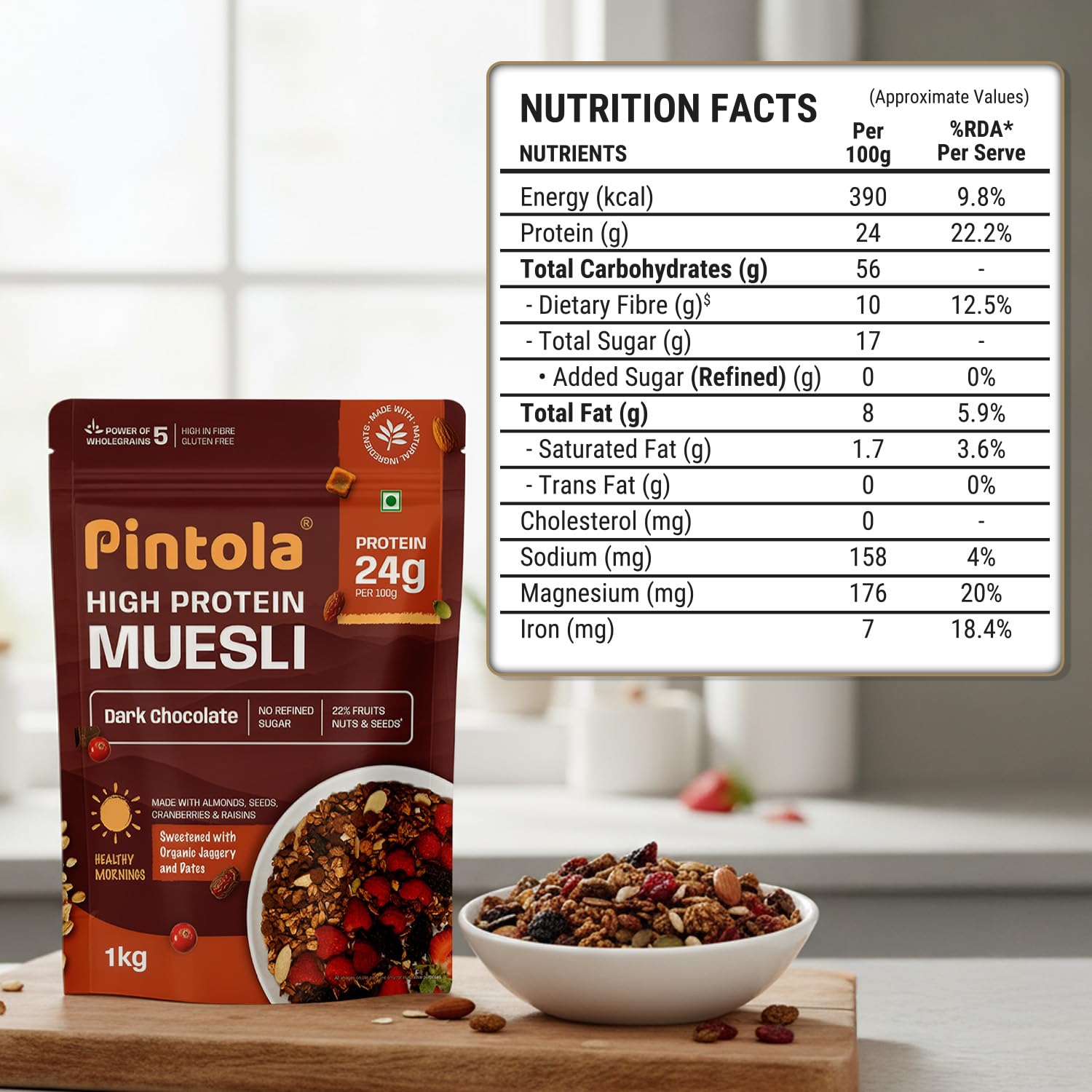 Pintola High Protein Muesli Dark Chocolate & Cranberry 1kg, 24g Protein, High Fibre, Trans Fat Free with Brown Sugar, Real Fruits, Muesli for Breakfast Food, Muselies Fruit Nuts and Seeds 1 kg