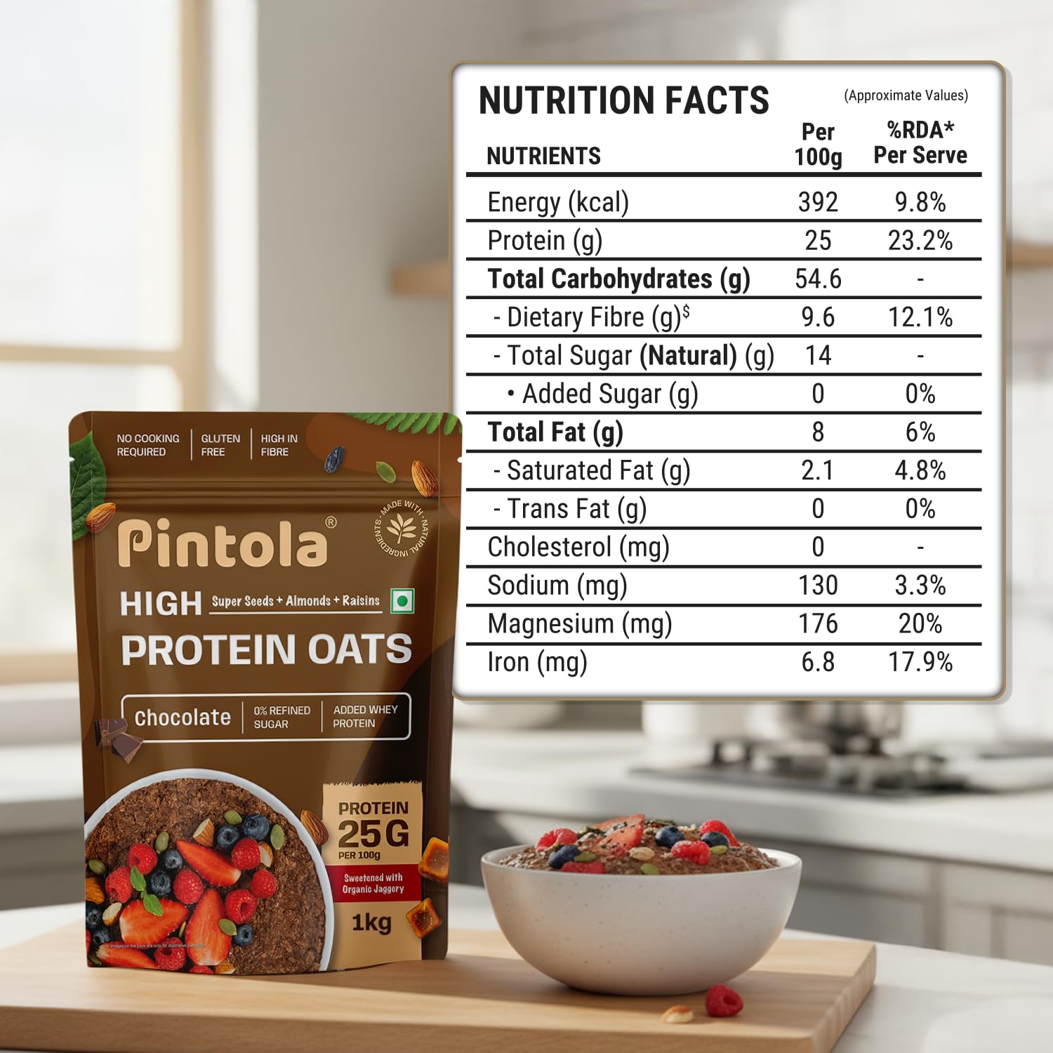 PINTOLA 25g High Protein Oats 1kg, Dark Chocolate,No Refined Sugar, with Almonds Raisin, Pumpkin and Chia Seeds, 8g Fibre, Rolled Oats for weight loss, Breakfast Cereals | Gluten Free