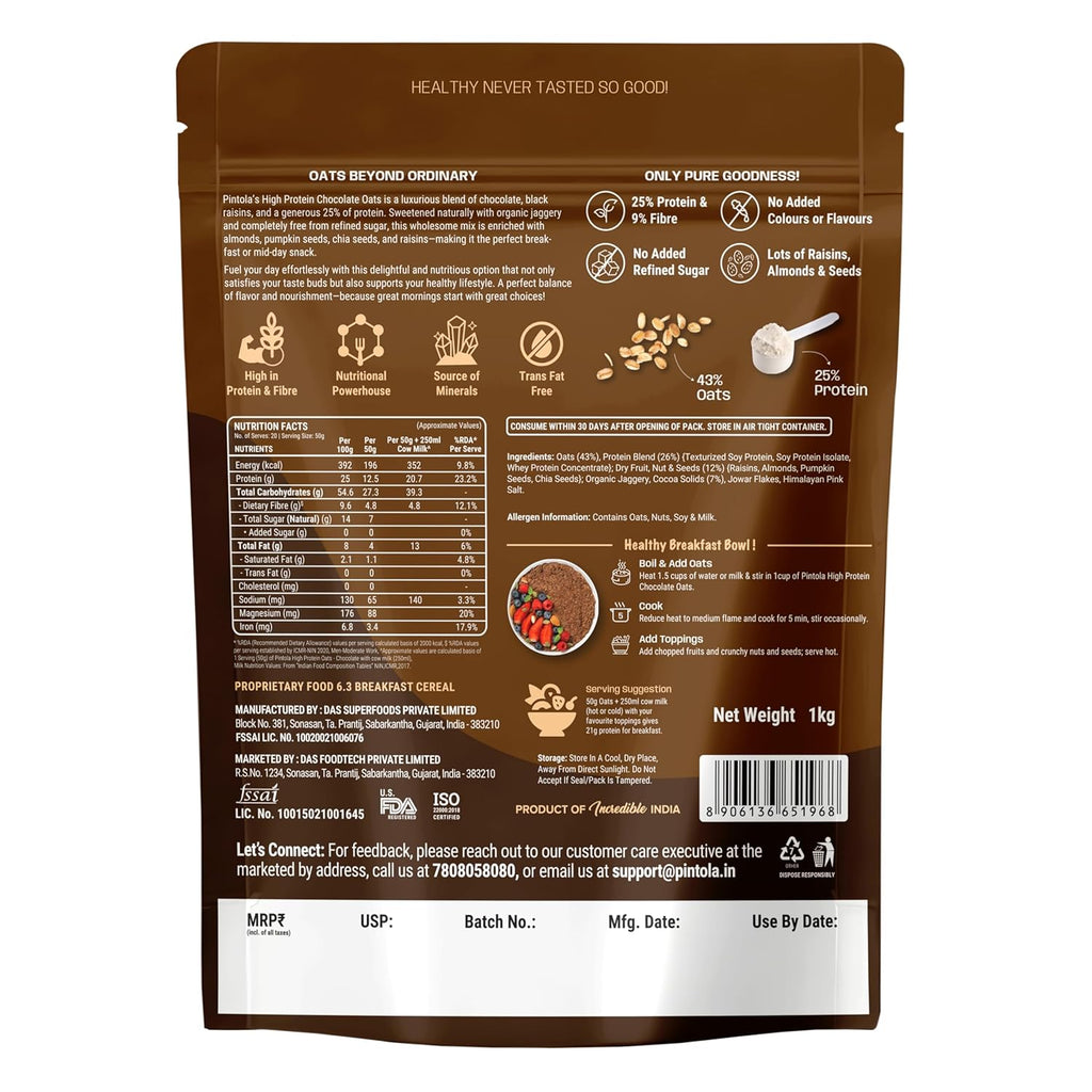 PINTOLA 25g High Protein Oats 1kg, Dark Chocolate,No Refined Sugar, with Almonds Raisin, Pumpkin and Chia Seeds, 8g Fibre, Rolled Oats for weight loss, Breakfast Cereals | Gluten Free