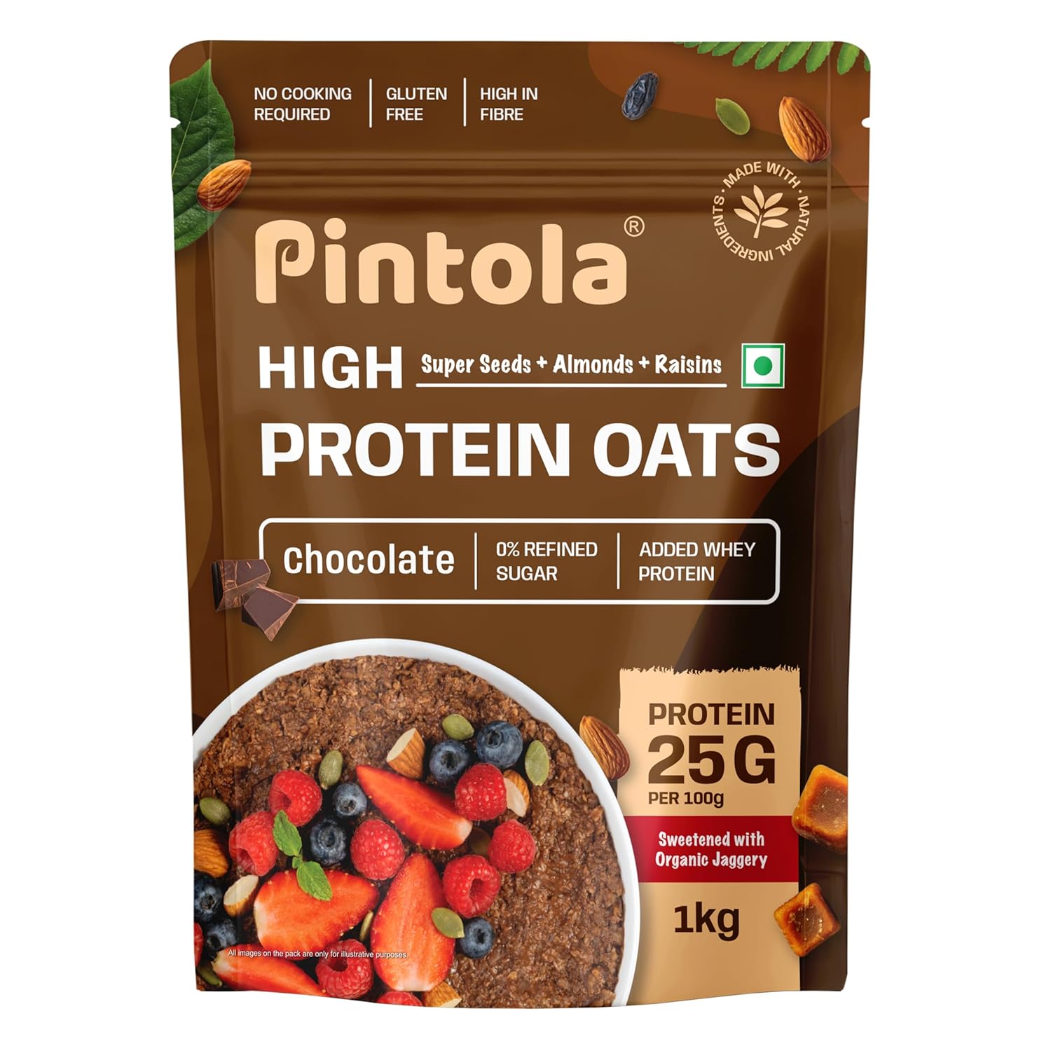 PINTOLA 25g High Protein Oats 1kg, Dark Chocolate,No Refined Sugar, with Almonds Raisin, Pumpkin and Chia Seeds, 8g Fibre, Rolled Oats for weight loss, Breakfast Cereals | Gluten Free
