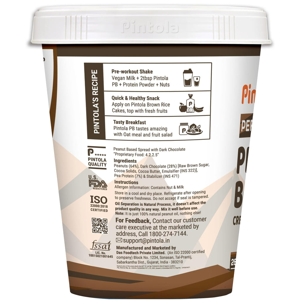Pintola Dark Chocolate Performance Series Peanut Butter (Creamy) - 510g | Added Plant Protein | 26% Protein | High Protein & Source of Fiber