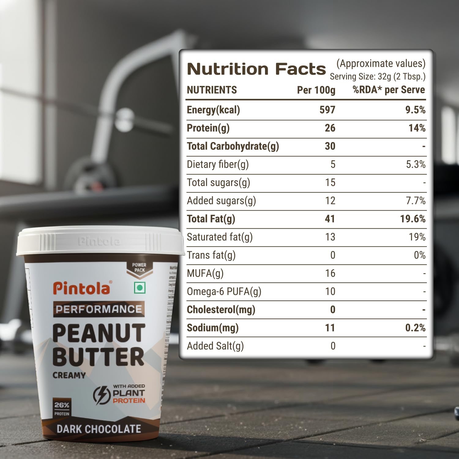 Pintola Dark Chocolate Performance Series Peanut Butter (Creamy) - 510g | Added Plant Protein | 26% Protein | High Protein & Source of Fiber