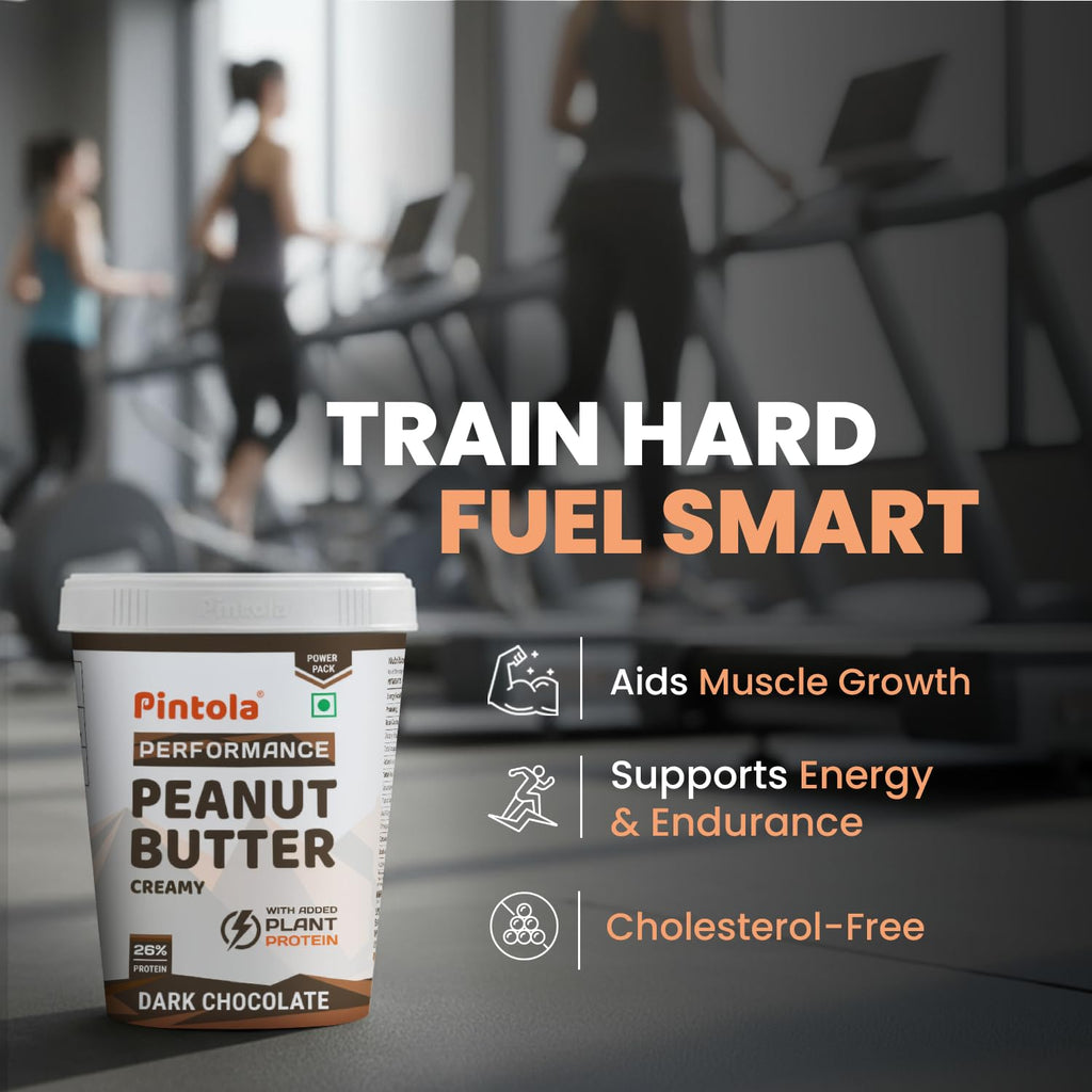 Pintola Dark Chocolate Performance Series Peanut Butter (Creamy) - 510g | Added Plant Protein | 26% Protein | High Protein & Source of Fiber