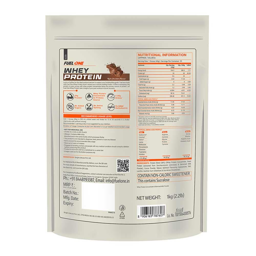FUELONE Whey Protein (Chocolate, 1kg / 2.2lbs) | 24g Protein | 5.29g BCAA, 4.2g Glutamic Acid