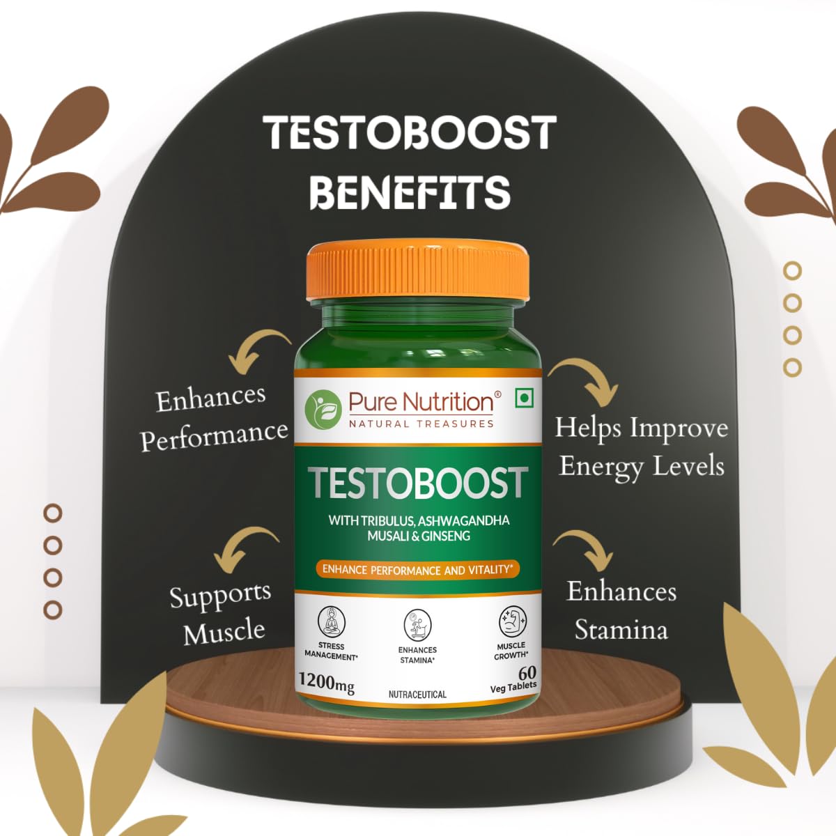 Pure Nutrition Testosterone Supplement for Men with Tribulus, Gokshura, Ashwagandha, Safed Musali, Kaunch Beej & Ginseng, Supports Energy & Strength, 60 Veg Tabs
