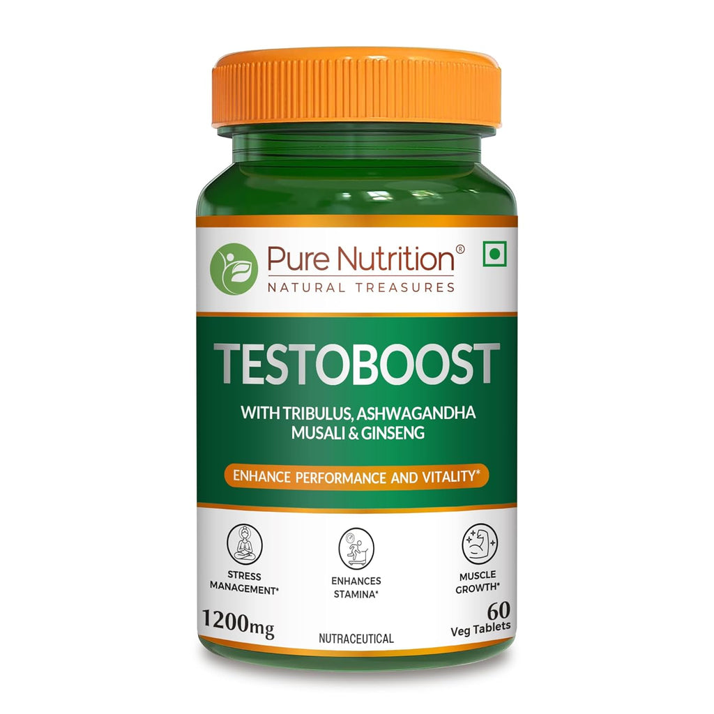 Pure Nutrition Testosterone Supplement for Men with Tribulus, Gokshura, Ashwagandha, Safed Musali, Kaunch Beej & Ginseng, Supports Energy & Strength, 60 Veg Tabs