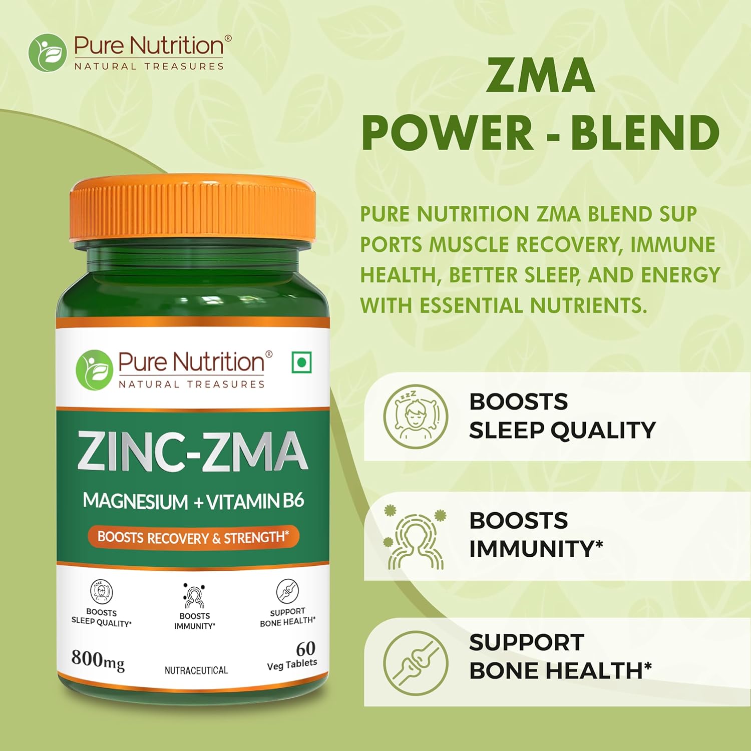 Pure Nutrition Zinc ZMA – 60 Veg Tablets | 800mg Zinc, Magnesium Aspartate & Vitamin B6 | Supports Muscle Recovery, Bone Strength & Deep Sleep | Boosts Energy, Testosterone & Immunity | Ideal for Athletes & Active Lifestyles
