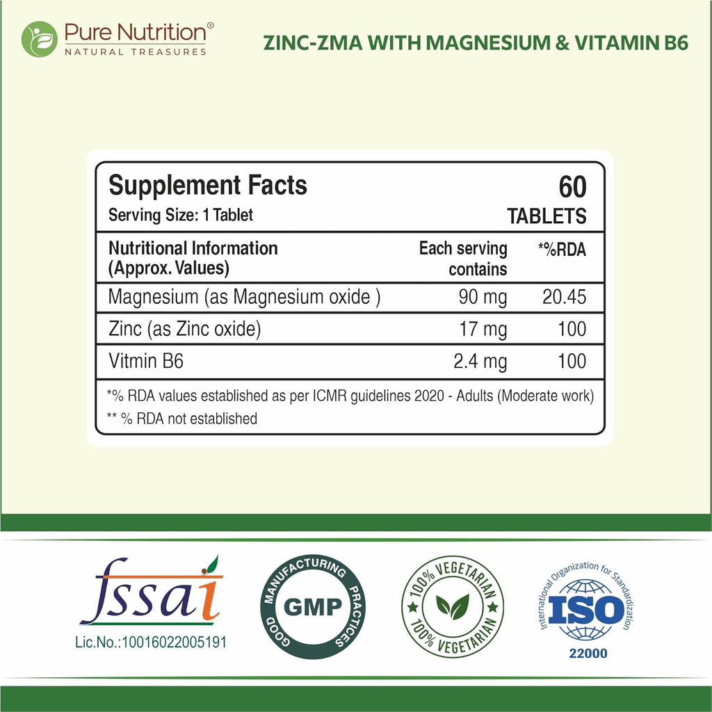 Pure Nutrition Zinc ZMA – 60 Veg Tablets | 800mg Zinc, Magnesium Aspartate & Vitamin B6 | Supports Muscle Recovery, Bone Strength & Deep Sleep | Boosts Energy, Testosterone & Immunity | Ideal for Athletes & Active Lifestyles