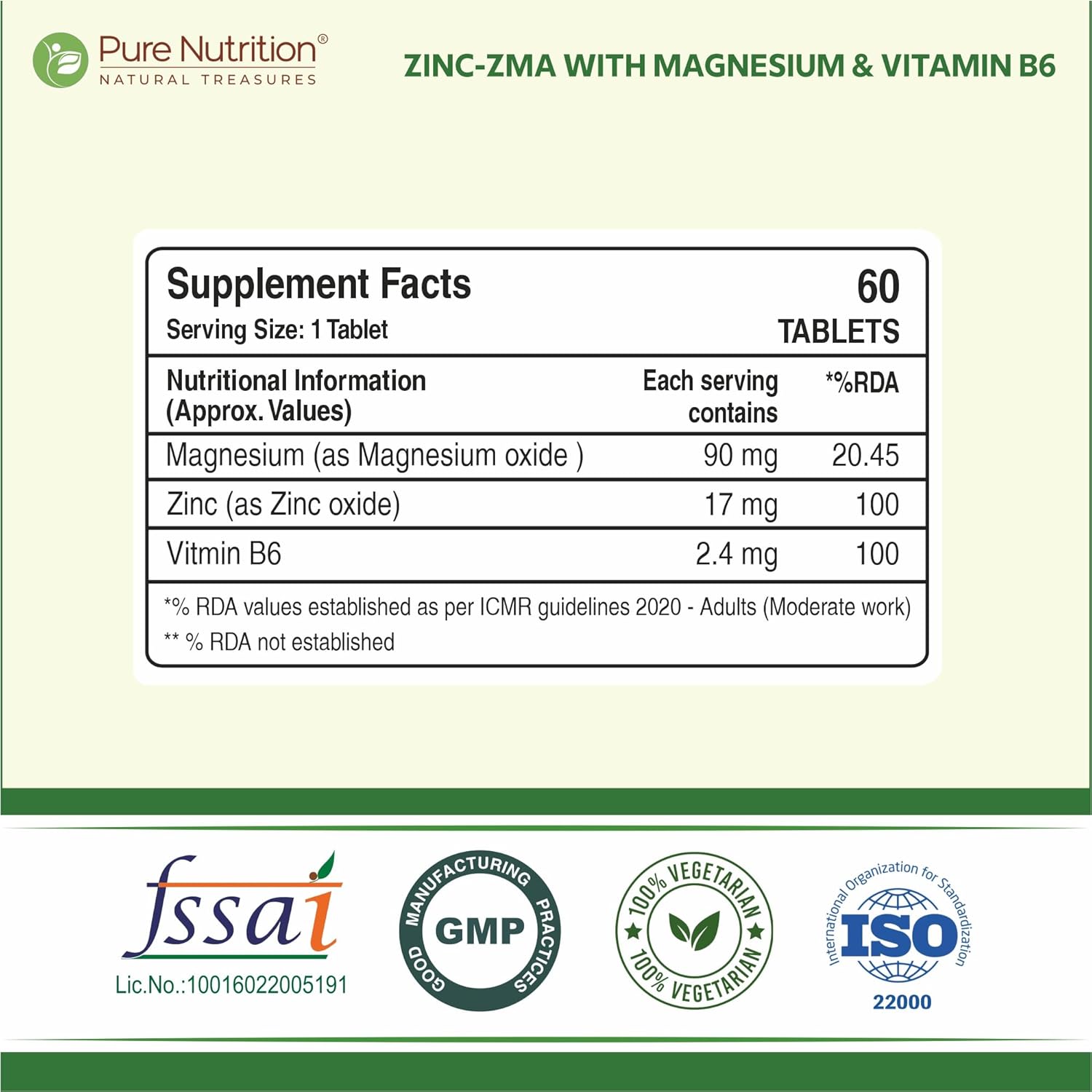 Pure Nutrition Zinc ZMA – 60 Veg Tablets | 800mg Zinc, Magnesium Aspartate & Vitamin B6 | Supports Muscle Recovery, Bone Strength & Deep Sleep | Boosts Energy, Testosterone & Immunity | Ideal for Athletes & Active Lifestyles