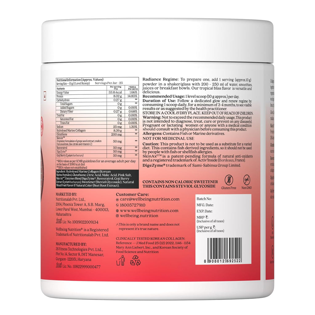 WELLBEING NUTRITION Glow Collagen With Glutathione|Collagen Supplements Marine Collagen Powder With SkinAx², Resveratrol, Bromelain & Goji Berry|250g - Tropical Bliss Flavor, 1 count, 25 servings
