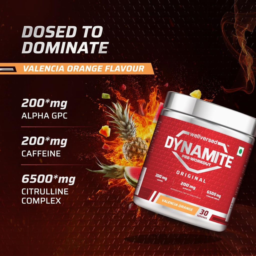 Dynamite Original Pre Workout For Men (30 Servings, Valencia Orange) For Focus & Energy Boost With 6500mg Citrulline Complex | Preworkout Supplements For Men - 420g