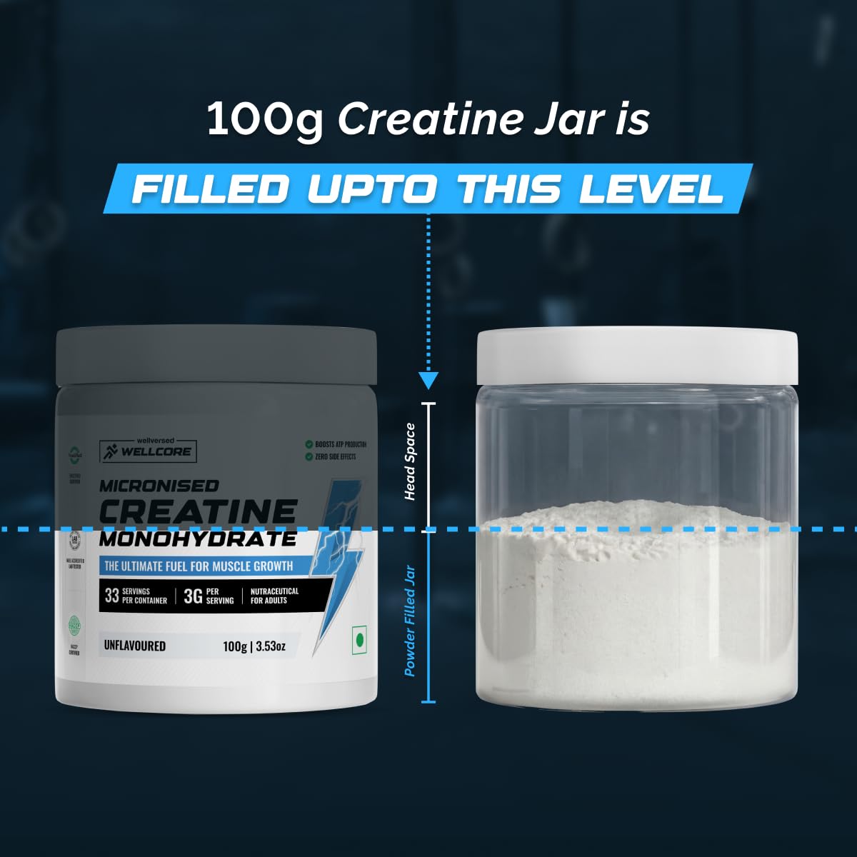 Wellcore Pure Micronised Creatine Powder (33 Servings, Unflavoured) For Enhanced Muscle Strength With Rapid Absorption | Creatine Monohydrate | Wellcore Creatine Unflavoured - 100g
