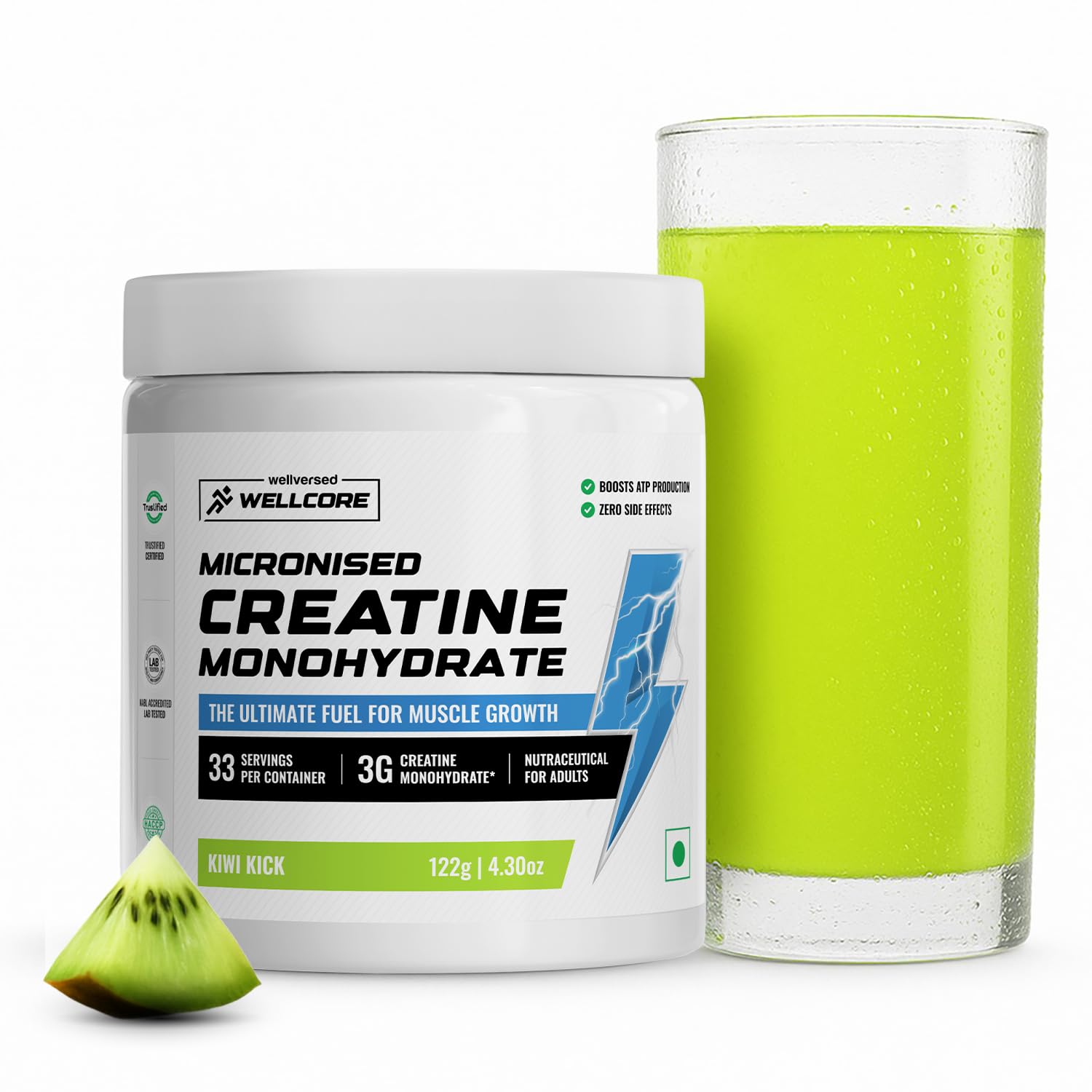 Wellcore Pure Micronised Creatine Powder (33 Servings, Kiwi Kick) For Enhanced Muscle Strength With Rapid Absorption | Creatine Monohydrate | Wellcore Creatine Flavoured - 122g