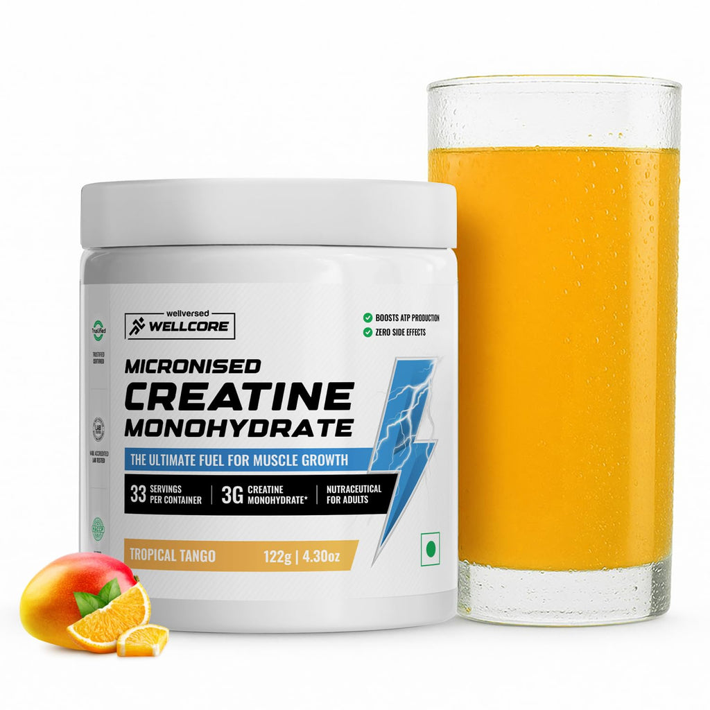 Wellcore Pure Micronised Creatine Powder (33 Servings, Tropical Tango) For Enhanced Muscle Strength With Rapid Absorption | Creatine Monohydrate | Wellcore Creatine Flavoured - 122g