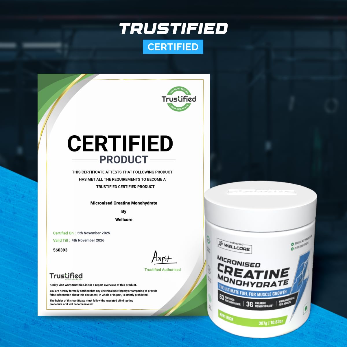 Wellcore Pure Micronised Creatine Powder (83 Servings, Kiwi Kick) For Enhanced Muscle Strength With Rapid Absorption | Creatine Monohydrate | Wellcore Creatine Flavoured - 307g