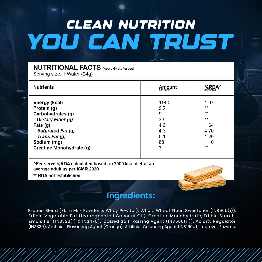 Wellversd Wellcore - Creatine Wafer Bar | Orange/Chocolate  Flavour (Single Piece) | No Added Sugar | 3g Creatine Monohydrate | 8g Protein | For Increased Muscle Growth & Recovery | 100% Vegetarian