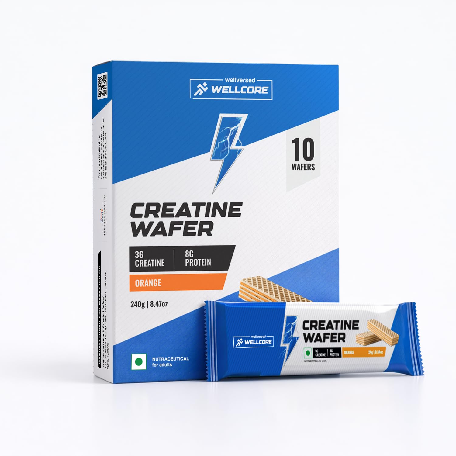 Wellversd Wellcore - Creatine Wafer Bar | Orange/Chocolate  Flavour (Single Piece) | No Added Sugar | 3g Creatine Monohydrate | 8g Protein | For Increased Muscle Growth & Recovery | 100% Vegetarian