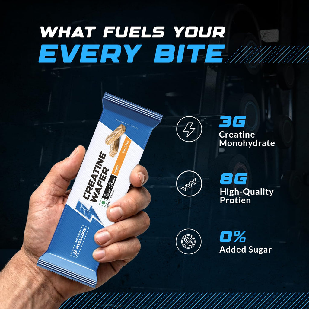 Wellversd Wellcore - Creatine Wafer Bar | Orange/Chocolate  Flavour (Single Piece) | No Added Sugar | 3g Creatine Monohydrate | 8g Protein | For Increased Muscle Growth & Recovery | 100% Vegetarian