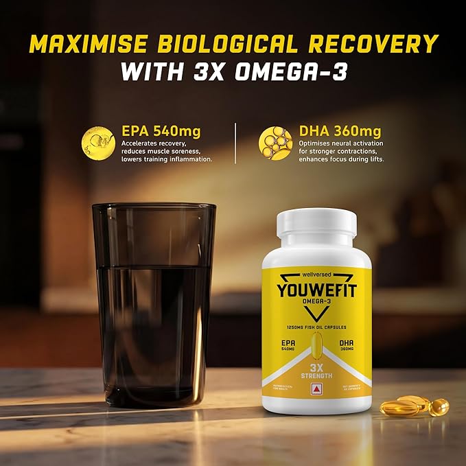 YouWeFit Triple Strength Omega 3 Fish Oil Capsules - 60 Soft Gels With 540mg EPA & 360mg DHA To Support Faster Muscle Growth | Omega-3 Supplement 1250mg