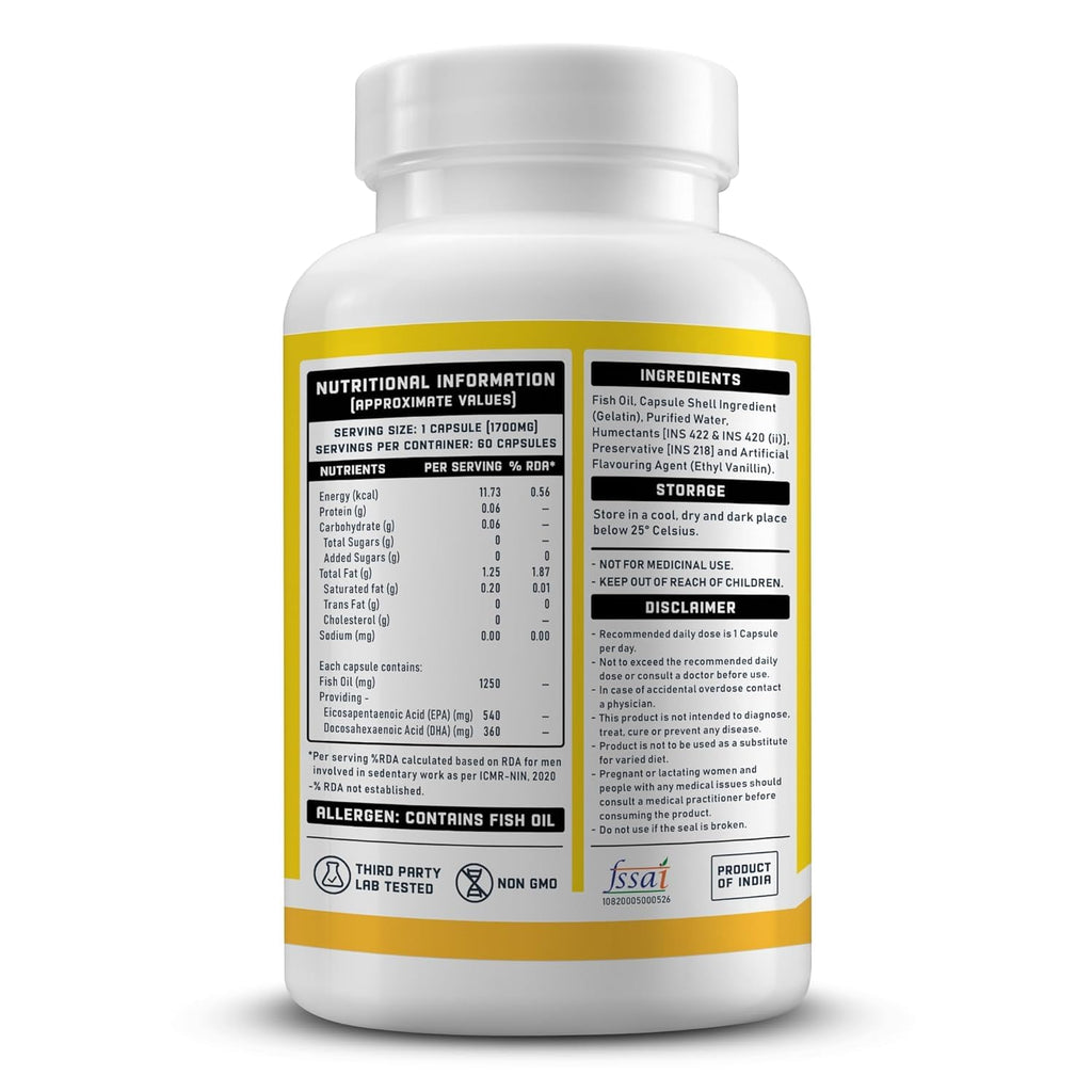 YouWeFit Triple Strength Omega 3 Fish Oil Capsules - 60 Soft Gels With 540mg EPA & 360mg DHA To Support Faster Muscle Growth | Omega-3 Supplement 1250mg