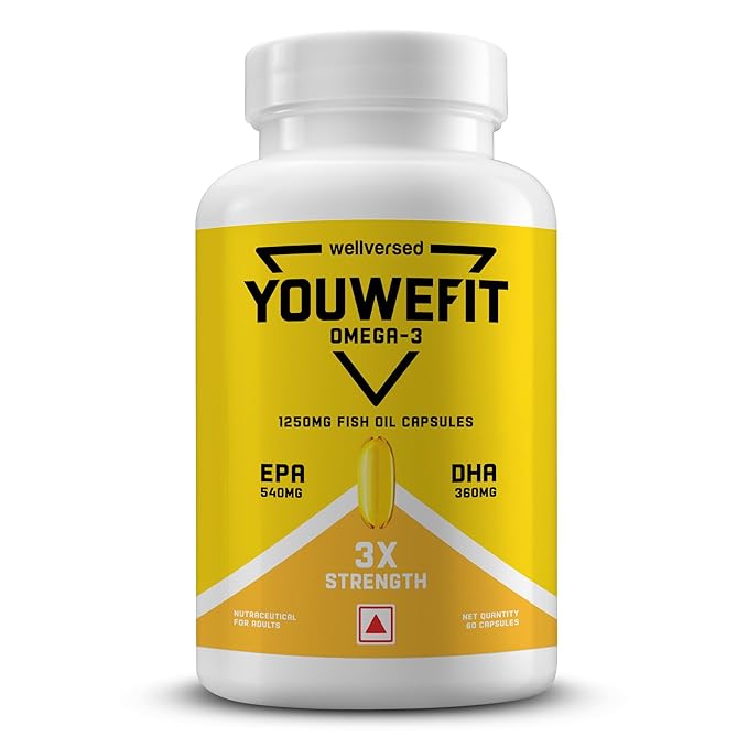 YouWeFit Triple Strength Omega 3 Fish Oil Capsules - 60 Soft Gels With 540mg EPA & 360mg DHA To Support Faster Muscle Growth | Omega-3 Supplement 1250mg