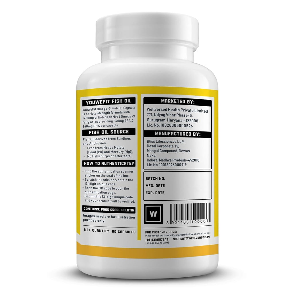 YouWeFit Triple Strength Omega 3 Fish Oil Capsules - 60 Soft Gels With 540mg EPA & 360mg DHA To Support Faster Muscle Growth | Omega-3 Supplement 1250mg