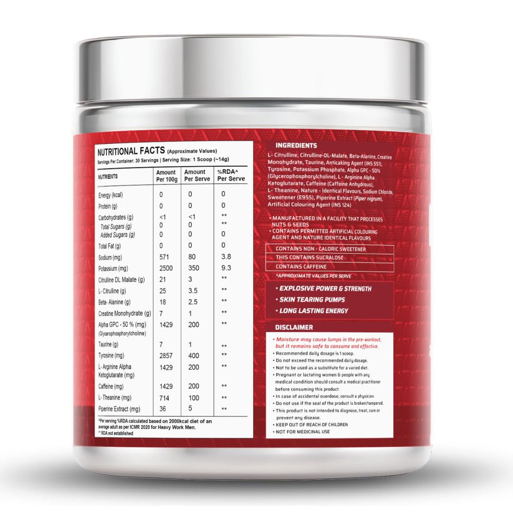 Dynamite Original Pre Workout For Men (30 Servings, Watermelon Ice) For Focus & Energy Boost With 6500mg Citrulline Complex | Preworkout Supplements For Men - 420g