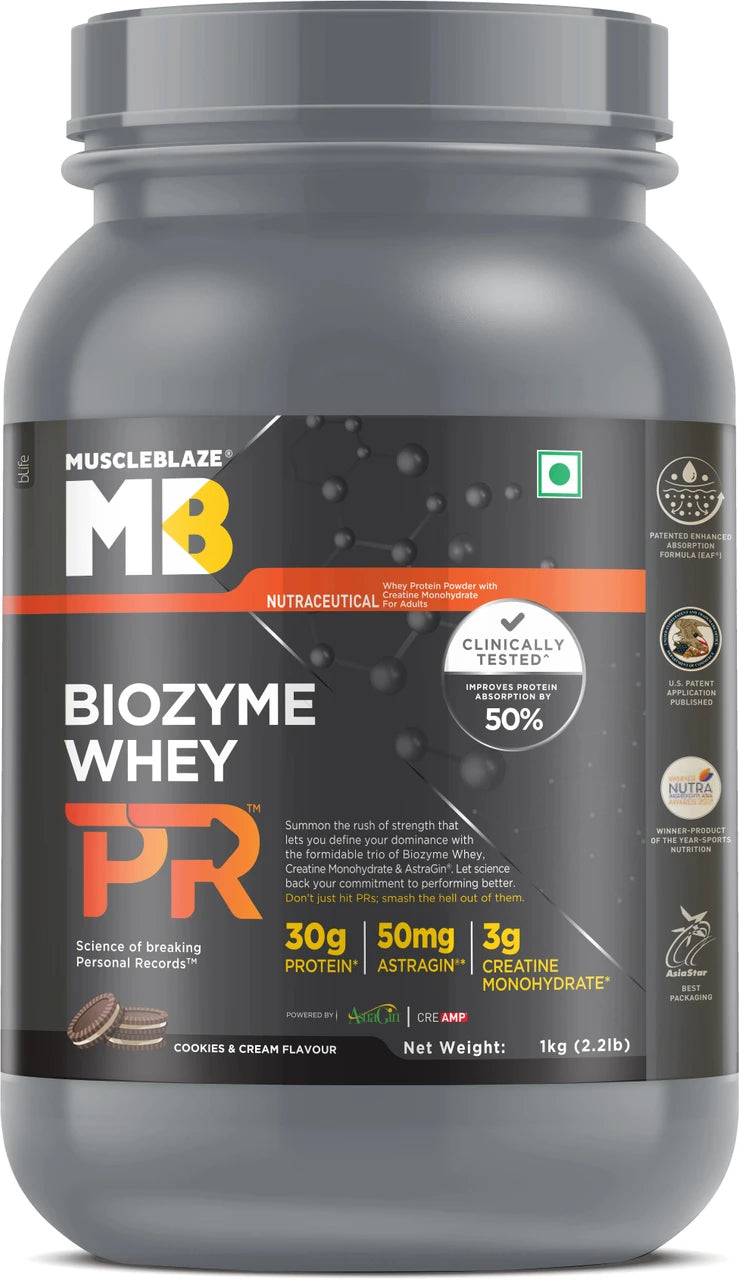 MUSCLEBLAZE Biozyme Whey PR with Creatine Monohydrate & AstraGin Whey Protein (1 kg Molten Chocolate)