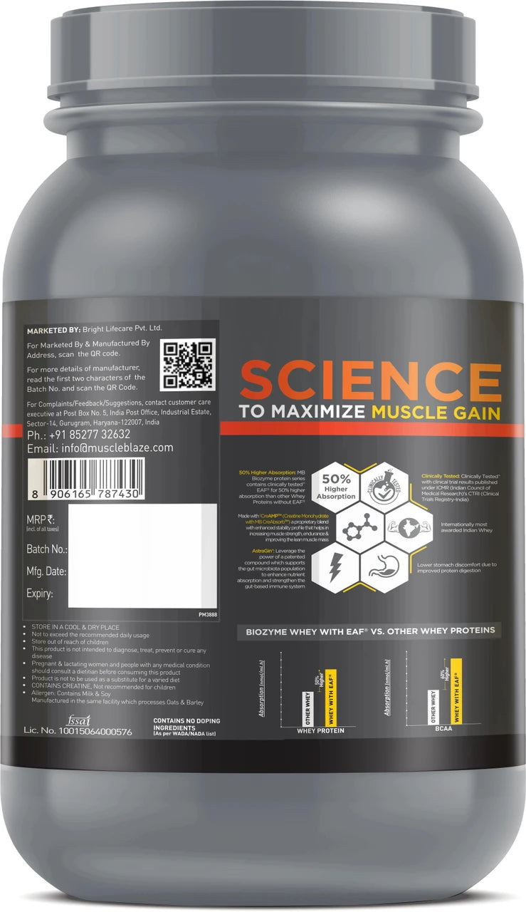 MUSCLEBLAZE Biozyme Whey PR with Creatine Monohydrate & AstraGin Whey Protein (1 kg Molten Chocolate)