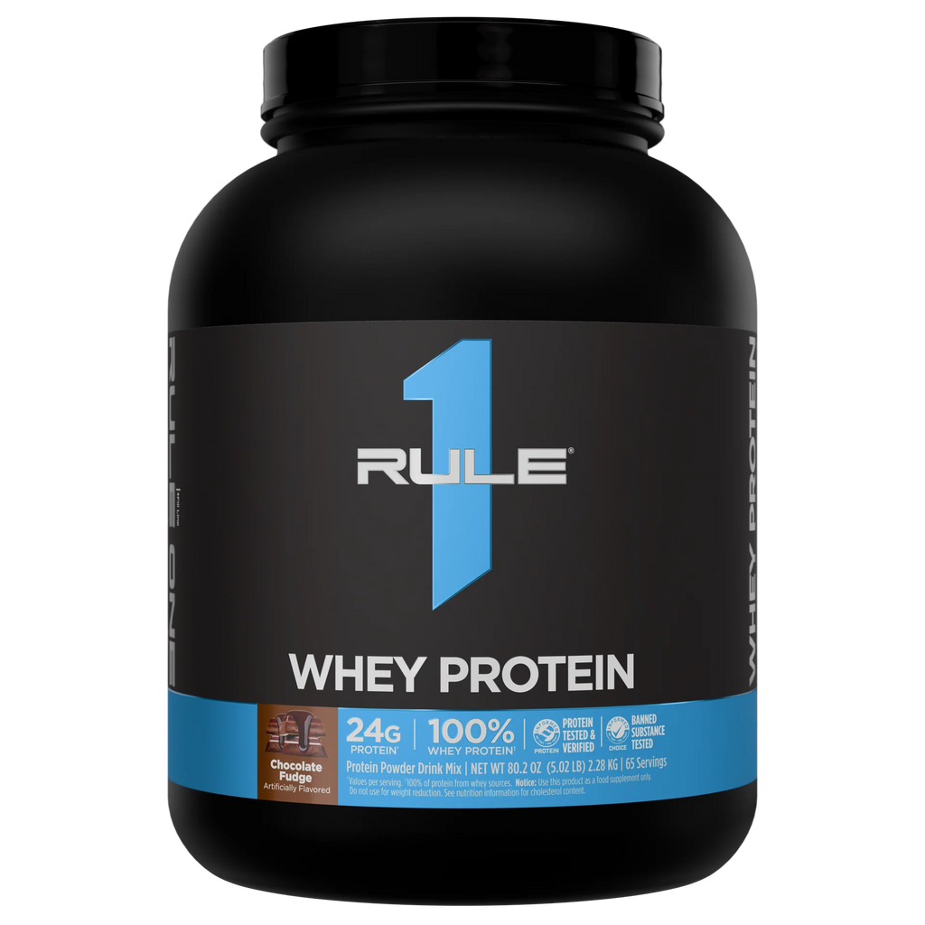 Rule1 1 R1 Whey Blend, Chocolate Fudge - 5.02 lbs Powder - 24g Whey Concentrates, Isolates & Hydrolysates with Naturally Occurring EAAs & BCAAs - 65 Servings